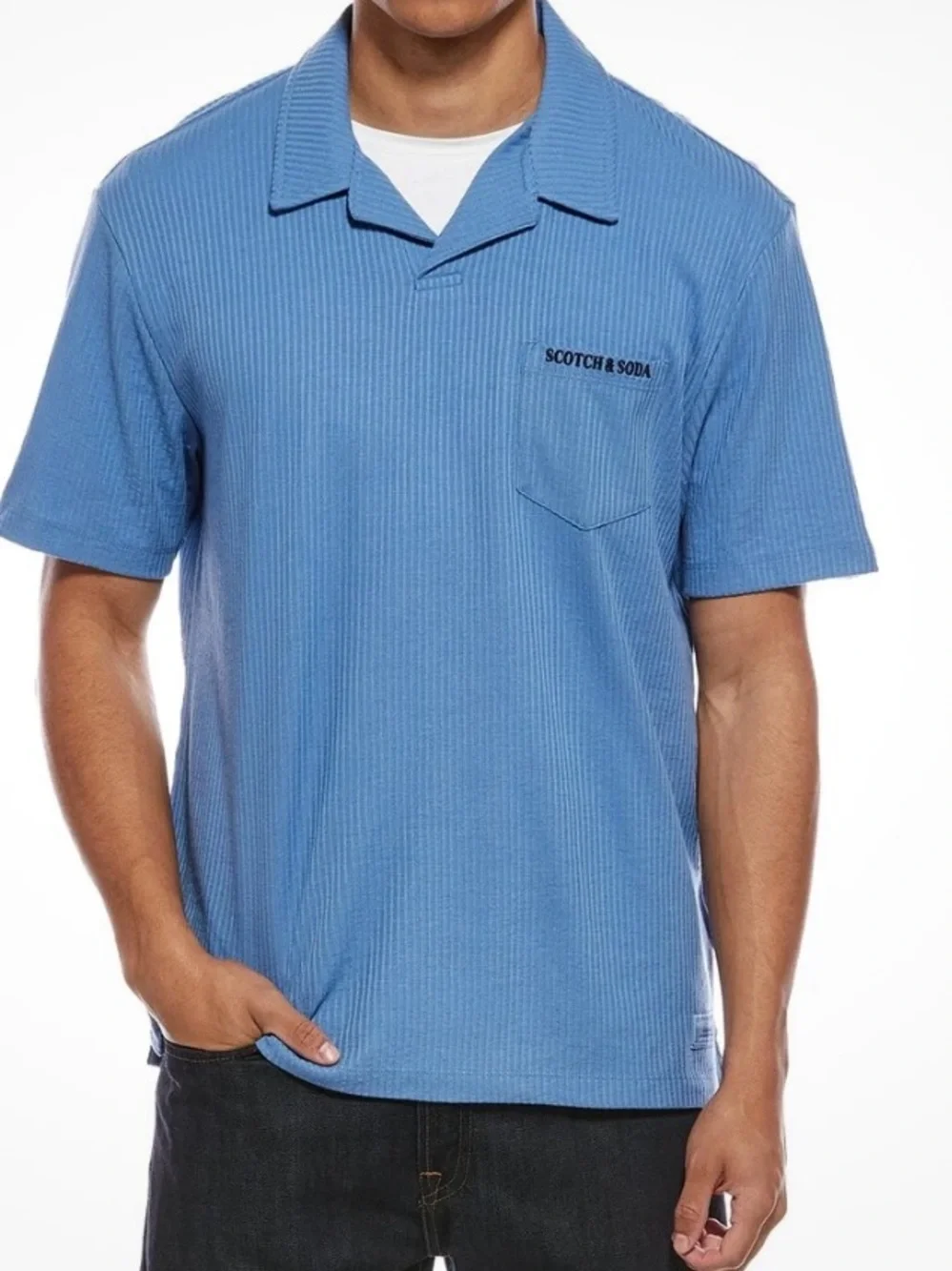 Scotch & Soda Light Blue Ribbed Polo with Chest Pocket